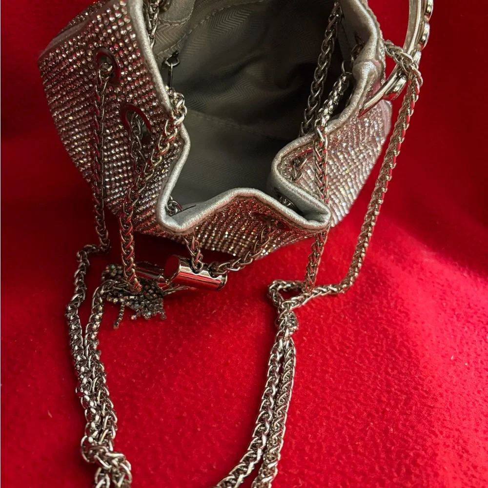 Silver Rhinestones Drawstring Mini Bucket Bag - Picture 7 of 8